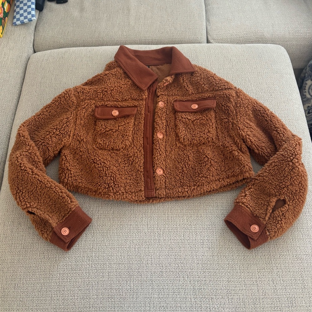 Cropped furry button down jacket